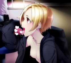 Rule 34 | 10s, 1girl, bad id, bad pixiv id, bags under eyes, blonde hair, blush, breasts, censored, collarbone, earrings, fellatio, hair over one eye, handjob, heart, heart censor, hetero, hood, hoodie, idolmaster, idolmaster cinderella girls, jewelry, licking, naked hoodie, nipples, no bra, open clothes, open mouth, oral, pale skin, penis, petite, red eyes, shirasaka koume, short hair, sleevejob, sleeves past wrists, small breasts, smile, solo focus, tkhs, tongue, tongue out, under table
