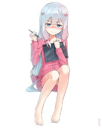 Rule 34 | 10s, 1girl, bad id, bad pixiv id, barefoot, blue hair, blush, bow, carrying, closed mouth, coffeiz p, eromanga sensei, feet, full body, hair bow, highres, izumi sagiri, long hair, looking at viewer, nose blush, pajamas, pink bow, simple background, sitting, solo, stylus, tablet pc, tears, wavy mouth, white background