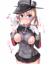 Rule 34 | 1girl, anchor, anchor hair ornament, black skirt, blonde hair, blue eyes, breasts, breasts out, buttons, cowboy shot, double-breasted, grey hat, hair ornament, hand on own chest, handjob gesture, hands up, hat, heart, heart-shaped pupils, highres, kantai collection, kihou no gotoku dmc, large breasts, long hair, long sleeves, looking at viewer, low twintails, military, military uniform, miniskirt, naughty face, nipples, peaked cap, pleated skirt, prinz eugen (kancolle), simple background, skirt, solo, standing, symbol-shaped pupils, tareme, translation request, twintails, uniform, white background