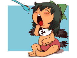 Rule 34 | 1girl, baby, barefoot, belly, bib, black hair, blush, bow, diaper, closed eyes, feeding, female focus, food, hair bow, hand to own mouth, onikobe rin, open mouth, radiation symbol, reiuji utsuho, sitting, solo, spoon, tail, touhou, aged down