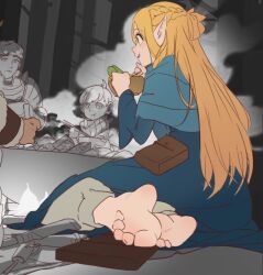 Rule 34 | 1girl, 2boys, barefoot, blonde hair, blue capelet, blue robe, braid, capelet, character request, chilchuck tims, commentary request, daxieshen huashi, dungeon meshi, eating, elf, eyelashes, feet, foreshortening, green eyes, hair around ear, hands up, holding, hood, hood down, hooded capelet, indoors, knight, laios touden, long hair, long sleeves, looking at another, marcille donato, multiple boys, on ground, open mouth, pointy ears, robe, short hair, sitting, soles, toenails, toes, unfinished, yokozuwari