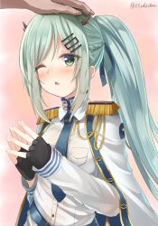 Rule 34 | 1girl, an shan (azur lane), azur lane, blush, braid, chestnut mouth, fingerless gloves, gloves, green eyes, green hair, hair ornament, hairclip, headpat, highres, horns, military, military uniform, necktie, one eye closed, own hands clasped, own hands together, ponytail, simple background, solo focus, twitter username, uniform