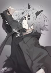 Rule 34 | 1girl, ahoge, ambience synesthesia, animal ears, arknights, artist name, black jacket, black shirt, bracelet, chain, character name, commentary, dated, dog tags, fataaa, grey background, grey eyes, grey hair, highres, jacket, jewelry, lappland (arknights), looking at viewer, messy hair, microphone, open clothes, open jacket, shirt, short hair, solo, upper body, wolf ears