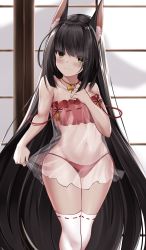 Rule 34 | 1girl, absurdres, animal ear fluff, animal ears, azur lane, bare arms, bare shoulders, black hair, blush, brown eyes, closed mouth, collarbone, commentary, fox ears, highres, long hair, looking at viewer, nagato (azur lane), nagato (great fox&#039;s respite) (azur lane), navel, official alternate costume, panties, red panties, ribbon-trimmed legwear, ribbon trim, side-tie panties, solo, standing, strap slip, thighhighs, underwear, very long hair, wavy mouth, white thighhighs, yan lie