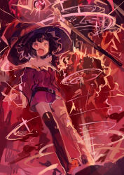 Rule 34 | 1girl, :d, absurdres, arm up, bandaged leg, bandages, bare shoulders, belt, belt buckle, black hair, black hat, black thighhighs, breasts, buckle, commentary, dress, dutch angle, explosion, floating hair, full body, glowing, hat, highres, holding, holding staff, kaamin (mariarose753), kono subarashii sekai ni shukufuku wo!, looking ahead, magic, megumin, off-shoulder dress, off shoulder, open mouth, red dress, red eyes, red theme, short dress, short hair, shouting, single thighhigh, sketch, small breasts, smile, solo, sparkle, staff, standing, thighhighs, wind, witch hat, zettai ryouiki