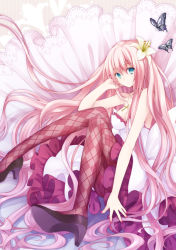 Rule 34 | 1girl, argyle, argyle clothes, argyle legwear, bad id, bad pixiv id, bare shoulders, blue eyes, breasts, bug, butterfly, cleavage, cross, flower, hair flower, hair ornament, high heels, insect, koto (colorcube), long hair, looking at viewer, megurine luka, nail polish, pantyhose, pink hair, pink nails, pink pantyhose, shoes, sitting, solo, very long hair, vocaloid
