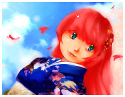 Rule 34 | blue eyes, cherry blossoms, diana jakobsson, hair ornament, hairpin, japanese clothes, kimono, original, red hair, solo