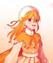 Rule 34 | 1girl, commentary request, dress, earrings, gradient background, jewelry, long hair, long sleeves, looking at viewer, love live!, love live! superstar!!, open mouth, orange background, orange dress, orange hair, purple eyes, shibuya kanon, snowflakes, snowing, solo, star (symbol), teeth, upper body, uuu&amp;no, white background, white headwear