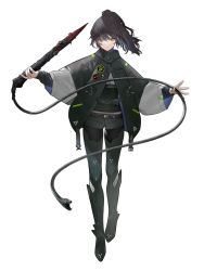 Rule 34 | 1girl, belt, black hair, black jacket, blood, bloody weapon, fingernails, green eyes, holding, holding weapon, jacket, jewelry, long hair, mgg (x arte), original, patch, ponytail, ring, shorts, simple background, snake, solo, standing, transparent background, weapon, whip, white background