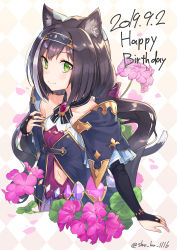 Rule 34 | 1girl, absurdres, animal ear fluff, animal ears, black hair, blush, breasts, cat ears, cat tail, commentary request, dated, flower, green eyes, hair ornament, hairband, happy birthday, highres, karyl (princess connect!), long hair, looking at viewer, low twintails, multicolored hair, navel, pink flower, princess connect!, sho bu 1116, small breasts, smile, solo, split mouth, streaked hair, tail, twintails, very long hair, white hair