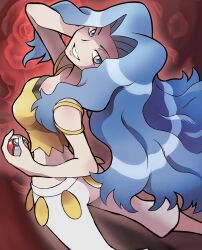 Rule 34 | 1girl, ariga hitoshi, bare arms, bare shoulders, blue eyes, blue hair, breasts, creatures (company), crop top, game freak, karen (pokemon), light blue hair, long hair, medium breasts, midriff, nintendo, official art, pants, parted bangs, pokemon, pokemon hgss, pokemon tcg, red background, shirt, solo, spaghetti strap, third-party source, wavy hair, white pants, yellow shirt