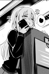 Rule 34 | 1girl, :d, absurdres, blush, cellphone, fang, greyscale, hair between eyes, half-closed eyes, heart, highres, holding, holding phone, idolmaster, idolmaster cinderella girls, kurosaki chitose, leaning on object, long sleeves, looking at another, monochrome, nikumaru, open mouth, phone, school uniform, seat, smile, solo, spoken heart