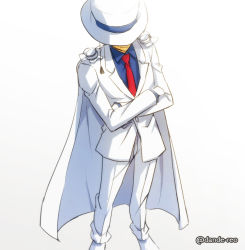 Rule 34 | 1boy, blue shirt, cape, closed mouth, collared shirt, commentary request, covered eyes, crossed arms, dande-reo, dress shirt, formal, gloves, hat, hat over eyes, kaitou kid, long sleeves, magic kaito, male focus, monocle, monocle chain, necktie, red necktie, shirt, shoes, short hair, simple background, smile, solo, standing, suit, top hat, twitter username, white background, white cape, white footwear, white gloves, white hat, white suit
