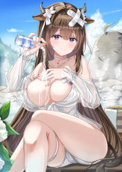 Rule 34 | 1girl, absurdres, animal ears, azur lane, bandaid, bandaid on head, bikini, blue sky, bottle, breasts, brown hair, cleavage, cow ears, cow girl, cow horns, cow tail, criss-cross halter, crossed bandaids, flower, hair flower, hair ornament, halterneck, highres, horns, kashino (hot springs relaxation) (azur lane), kashino (azur lane), large breasts, crossed legs, long hair, looking at viewer, milk, milk bottle, multi-strapped bikini, official alternate costume, onsen, outdoors, pouring, pouring onto self, purple eyes, sitting, sky, spilled milk, swimsuit, tail, very long hair, white bikini, white flower, xstetra (esxty)