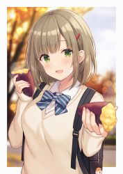 Rule 34 | 1girl, :d, backpack, bag, blue bow, blue bowtie, blurry, blurry background, blush, bow, bowtie, brown hair, brown sweater, collared shirt, commentary request, depth of field, food, green eyes, hair ornament, hairclip, highres, holding, holding food, long sleeves, looking at viewer, open mouth, original, roasted sweet potato, school uniform, shiromikan, shirt, short hair, sidelocks, sleeves past wrists, smile, solo, steam, striped bow, striped bowtie, striped clothes, striped neckwear, sweater, sweet potato, undershirt, upper body, white shirt
