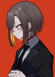 Rule 34 | 1girl, absurdres, alternate eye color, barbarpapa7, black choker, black jacket, black necktie, braid, brown hair, choker, closed mouth, collared shirt, commentary, dress shirt, formal, from side, highres, jacket, looking down, necktie, orange eyes, own hands together, profile, project sekai, red background, serious, shinonome ena, shirt, side braid, simple background, single braid, solo, suit, upper body, white shirt