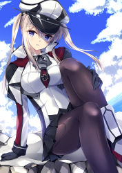 Rule 34 | 10s, 1girl, arm support, between breasts, black gloves, black pantyhose, black skirt, blonde hair, blue eyes, breasts, capelet, cross, gloves, graf zeppelin (kancolle), hair between eyes, hand on leg, hat, highres, iron cross, jacket, kantai collection, kobayashi chisato, large breasts, long hair, long sleeves, looking at viewer, military, military uniform, necktie, pantyhose, peaked cap, pleated skirt, red necktie, sidelocks, skirt, solo, uniform, white jacket