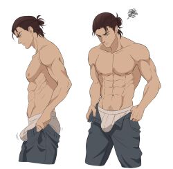 Rule 34 | 1boy, abs, absurdres, alternate facial hair, ass, bouncing ass, bouncing bulge, bulge, bulge lift, cropped legs, denim, dressing, eren yeager, feet out of frame, from side, hair bun, highres, i&#039;ve never seen a guy recreate this successfully tbh (meme), jeans, male focus, male underwear, meme, motion lines, multiple views, navel, navel hair, never seen a guy recreate this (meme), nipples, open pants, pants, pants lift, pectorals, raiza (raiza delatorre), shingeki no kyojin, short hair, standing, stomach, toned, toned male, topless male, undersized clothes, underwear, white male underwear