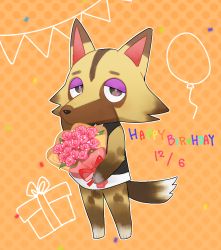 Rule 34 | 1boy, animal crossing, animal ears, animal feet, animal nose, balloon, black shirt, body fur, bottomless, bouquet, box, bright pupils, brown fur, dated, flower, full body, furry, furry male, gift, gift box, half-closed eyes, hand on own cheek, hand on own face, hand up, happy birthday, highres, holding, holding bouquet, kureson (hayama baa), kyle (animal crossing), looking at viewer, male focus, nintendo, orange background, outline, polka dot, polka dot background, purple eyes, red flower, red rose, rose, shirt, sleeveless, sleeveless shirt, snout, solo, standing, string of flags, tail, white fur, white outline, white pupils, wolf boy, wolf ears, wolf tail, yellow fur