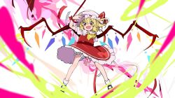 Rule 34 | 1girl, arm behind back, ascot, bad id, bad twitter id, black footwear, blonde hair, bloomers, blush, commentary request, crystal, fang, flandre scarlet, full body, hand up, hat, hat ribbon, holding, holding polearm, holding spear, holding weapon, laevatein, looking at viewer, mary janes, mob cap, open mouth, polearm, red eyes, red ribbon, red skirt, red vest, ribbon, satou asuka, shirt, shoes, short hair, skin fang, skirt, smile, socks, solo, spear, touhou, underwear, vest, weapon, white background, white hat, white shirt, white socks, wrist ribbon, yellow ascot