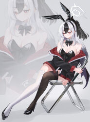 Rule 34 | 1girl, absurdres, astelia, asymmetrical legwear, black bow, black bowtie, black footwear, black hair, black horns, black jacket, black leotard, black thighhighs, blue archive, blush, bow, bowtie, breasts, chair, cleavage, closed mouth, demon horns, demon wings, detached collar, grey hair, grey halo, hair between eyes, halo, high heels, highres, horns, jacket, kayoko (blue archive), leotard, long hair, long sleeves, medium breasts, mismatched legwear, multicolored hair, open clothes, open jacket, purple wings, red eyes, single wing, sitting, solo, strapless, strapless leotard, thighhighs, white thighhighs, wings