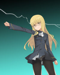 Rule 34 | 1girl, a1 (initial-g), absurdres, black pantyhose, blonde hair, coin, electricity, glasses, highres, long hair, military, military uniform, outstretched arm, panties, panties under pantyhose, pantyhose, parody, perrine h. clostermann, power connection, solo, strike witches, toaru kagaku no railgun, toaru majutsu no index, underwear, uniform, world witches series, yellow eyes