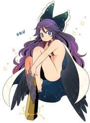 Rule 34 | 1girl, alternate hair color, arm cannon, black wings, blue eyes, bow, breasts, burn scar, cape, character name, commentary request, feathered wings, fingernails, green bow, hair between eyes, hair bow, highres, knees up, long hair, looking at viewer, mashuu masaki, multicolored eyes, nail polish, naked cape, nude, o3o, purple eyes, purple hair, reiuji utsuho, scar, simple background, small breasts, solo, star-shaped pupils, star (symbol), symbol-shaped pupils, third eye, toenail polish, toenails, touhou, very long hair, weapon, white background, white nails, wings