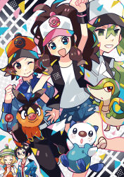 2girls 3boys :d :o ^_^ anidler91 anniversary arm_up baseball_cap bianca_(pokemon) black_hair blonde_hair blue_eyes blue_shorts brown_eyes cheren_(pokemon) closed_eyes closed_mouth commentary_request confetti creatures_(company) denim denim_shorts game_freak gen_5_pokemon glasses green_eyes green_hat hand_on_own_hip hat highres hilbert_(pokemon) hilda_(pokemon) multiple_boys multiple_girls n_(pokemon) nintendo one_eye_closed open_mouth oshawott pig poke_ball_print pokemon pokemon_bw print_hat shorts smile snivy starter_pokemon_trio tepig