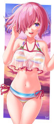 Rule 34 | 1girl, artist name, bikini, cloud, cloudy sky, commentary, cowboy shot, crop top, fate/grand order, fate (series), hair over one eye, halterneck, hand in own hair, highres, horizon, looking at viewer, mash kyrielight, mash kyrielight (swimsuit of perpetual summer ver.02), multicolored stripes, navel, ocean, official alternate costume, open mouth, outside border, pink hair, purple eyes, see-through, short hair, side-tie bikini bottom, signature, sky, smile, solo, standing, striped bikini, striped clothes, swimsuit, thigh gap, twilight, yuito (yuitokobunasbs0)