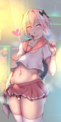 Rule 34 | 1boy, astolfo (fate), astolfo (sailor paladin) (fate), braid, bulge, erection, erection under clothes, fate/apocrypha, fate (series), heart, heart-shaped pupils, jewelry, long hair, looking at viewer, male focus, navel, necklace, nikuku (kazedesune), official alternate costume, pink eyes, school uniform, serafuku, single braid, skirt, solo, symbol-shaped pupils, thighhighs, trap, white thighhighs