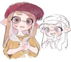 Rule 34 | 0 05kmgrn, 1girl, @ @, blush, commentary, ear blush, flustered, full-face blush, grey eyes, hat, highres, holding own hair, index fingers together, inkling, inkling girl, inkling player character, nervous smile, nervous sweating, nintendo, open mouth, pierced hat, pointy ears, red hat, shirt, short sleeves, simple background, sketch, smile, solo, splatoon (series), sweat, symbol-only commentary, tentacle hair, upper body, white background, yellow shirt