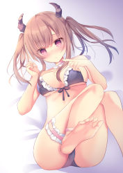 Rule 34 | 1girl, ass, bad id, bad pixiv id, bare arms, bare shoulders, barefoot, bikini, black bikini, breasts, brown hair, collarbone, commentary request, dutch angle, feet, fingernails, front-tie bikini top, front-tie top, hands up, highres, horns, legs up, long hair, lying, medium breasts, on back, original, red eyes, sidelocks, soles, solo, swimsuit, tsuruse, twintails