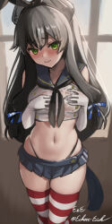 Rule 34 | 1girl, alternate costume, black hair, black neckerchief, black panties, blue sailor collar, blue skirt, blush, breasts, cosplay, crop top, eckert&amp;eich, elbow gloves, gloves, green eyes, hair between eyes, hair ribbon, headgear, highleg, highleg panties, highres, i-47 (kancolle), indoors, kantai collection, long hair, low-tied long hair, medium breasts, microskirt, neckerchief, one-hour drawing challenge, panties, pleated skirt, ribbon, sailor collar, shimakaze (kancolle), shimakaze (kancolle) (cosplay), skirt, solo, striped clothes, striped thighhighs, thighhighs, thong, tress ribbon, twitter username, underwear, white gloves, window