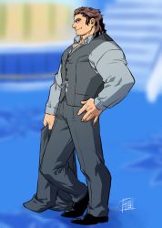 Rule 34 | 1boy, alternate costume, blurry, blurry background, brown hair, contemporary, fate/grand order, fate (series), formal, from side, grey pants, grey shirt, grey vest, holding, holding clothes, holding jacket, jacket, unworn jacket, looking to the side, male focus, mature male, medium hair, muscular, muscular male, pants, partially unbuttoned, pectorals, ryuuki garyuu, shirt, smile, solo, super orion (fate), thick eyebrows, vest