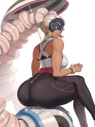 Rule 34 | 1girl, absurdres, arms (game), ass, ass focus, bare shoulders, breasts, dark-skinned female, dark skin, drill hair, earrings, gonzarez, highres, huge ass, jewelry, large breasts, long hair, looking at viewer, mask, nail polish, pants, pink hair, smile, solo, thighs, twin drills, twintails, twintelle (arms), very long hair