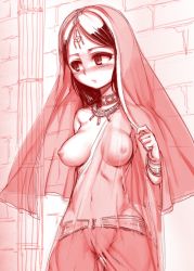 Rule 34 | 1girl, blush, bracelet, breasts, choker, forehead jewel, harem outfit, harigane shinshi, highres, jewelry, looking away, lots of jewelry, monochrome, necklace, nipples, no bra, no panties, original, parted bangs, see-through, sketch, solo, tiara, veil