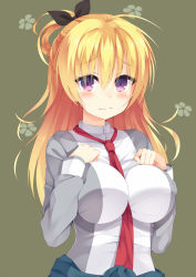 Rule 34 | 1girl, between breasts, black ribbon, blonde hair, blush, breasts, brown background, east01 06, embarrassed, eyebrows, hair ribbon, highres, impossible clothes, impossible shirt, large breasts, lena liechtenauer, long hair, looking at viewer, necktie, purple eyes, ribbon, senren banka, shirt, solo