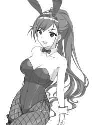 Rule 34 | animal ears, arisugawa natsuha, bare shoulders, bow, bowtie, breasts, cleavage, commentary request, detached collar, earrings, fake animal ears, fishnet legwear, fishnets, greyscale, groin, highres, idolmaster, idolmaster shiny colors, jewelry, large breasts, leotard, long hair, looking at viewer, monochrome, oooo1875, playboy bunny, ponytail, rabbit ears, rabbit tail, smile, solo, tail, traditional bowtie, white background, wrist cuffs