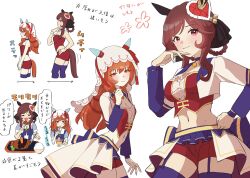 Rule 34 | 2girls, absurdres, alternate costume, animal ears, breasts, brown hair, closed mouth, collarbone, commentary request, comparison, eating, food, gentildonna (umamusume), hair rings, highres, horse ears, horse girl, horse tail, large breasts, long hair, looking at viewer, midriff, multiple girls, navel, red eyes, shorts, small breasts, smile, starting future (umamusume), still in love (umamusume), tail, tamar939338, thighhighs, translation request, umamusume, veil, white background