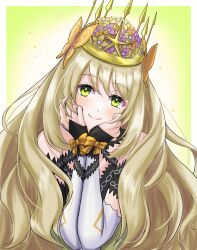 Rule 34 | 1girl, absurdres, blonde hair, bow, butterfly hair ornament, celine (fire emblem), closed mouth, crown, detached sleeves, dress, fire emblem, fire emblem engage, flower, green eyes, hair flower, hair ornament, hands on own face, highres, kousetu0506, long hair, looking at viewer, nintendo, orange bow, smile, solo, upper body, very long hair, wrist bow