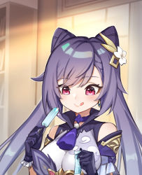 Rule 34 | 1girl, bare shoulders, blush, braid, breasts, detached sleeves, double bun, dress, earrings, food, frilled sleeves, frills, genshin impact, gloves, hair bun, hair ornament, hairclip, highres, ice cream, jewelry, keqing (genshin impact), licking lips, purple eyes, purple hair, siriuflong, smile, solo, tongue, tongue out, twintails, upper body