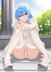Rule 34 | 1girl, blue eyes, blue hair, blush, bridal gauntlets, bridal veil, bush, choker, closed mouth, clothes down, clothes pull, covering privates, covering breasts, crotch, dress, dress pull, earrings, flower, full body, garter straps, glint, hair bun, high heels, highres, hololive, hoshimachi suisei, jewelry, lace, lace-trimmed legwear, lace trim, looking at viewer, outdoors, panties, pantyshot, ring, sidelocks, sitting, smile, solo, star (symbol), star earrings, terry (pixiv3274443), thighhighs, thighs, underwear, veil, virtual youtuber, wavy hair, wedding band, wedding dress, white choker, white dress, white flower, white footwear, white panties, white thighhighs, white veil