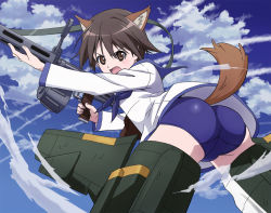 Rule 34 | 1girl, animal ear fluff, animal ears, anime coloring, ass, blouse, blue neckerchief, blue one-piece swimsuit, blush, brown eyes, brown hair, clothing cutout, dog ears, dog tail, dress, drum magazine, female focus, flying, from side, gun, hair between eyes, hide 0, legs apart, magazine (weapon), miyafuji yoshika, neckerchief, one-piece swimsuit, open mouth, outdoors, parted bangs, rifle, sailor dress, school uniform, serafuku, shirt, short hair, sky, solo, strike witches, swimsuit, swimsuit under clothes, tail, tail through clothes, thighs, uniform, v-shaped eyebrows, weapon, white shirt, world witches series