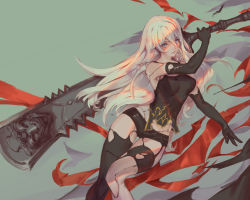 Rule 34 | 1girl, android, bare shoulders, black gloves, black shirt, black tank top, black thighhighs, blue eyes, blush, breasts, elbow gloves, gloves, greatsword, hair between eyes, holding, holding sword, holding weapon, long hair, looking at viewer, nier (series), nier:automata, parted lips, shirt, short shorts, shorts, silver hair, simple background, softmode, solo, sword, tank top, thighhighs, weapon, a2 (nier:automata)