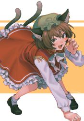 Rule 34 | 1girl, :3, :d, animal ear fluff, animal ears, arm up, black footwear, blush, bow, cat ears, cat tail, chen, commentary, dress, earrings, fang, fingernails, frilled dress, frills, gold trim, green hat, hand on ground, hat, highres, jewelry, long sleeves, looking at viewer, mob cap, multiple tails, nail polish, noriuma, open mouth, paw pose, red dress, red nails, sharp fingernails, short hair, smile, socks, solo, symbol-only commentary, tail, touhou, twitter username, two tails