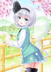 Rule 34 | 1girl, :d, absurdres, bamboo fence, black headband, black neckwear, blue sky, blush, cherry blossoms, commentary request, day, fence, forest, frilled skirt, frills, green eyes, green skirt, green vest, headband, highres, konpaku youmu, looking at viewer, medium hair, miniskirt, mountainous horizon, nature, open mouth, outdoors, petals, reimei (r758120518), shirt, silver hair, skirt, sky, smile, solo, thighhighs, touhou, vest, white shirt, zettai ryouiki