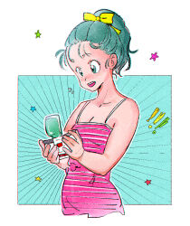 Rule 34 | !, !!, 1girl, amachu a, aqua eyes, aqua hair, bow, breasts, bulma, cleavage, commentary, dragon ball, dragonball z, dress, emphasis lines, english commentary, forehead, hair bow, holding, open mouth, pink dress, ponytail, scouter, small breasts, smile, solo, spaghetti strap, star (symbol), striped clothes, striped dress, upper body, yellow bow