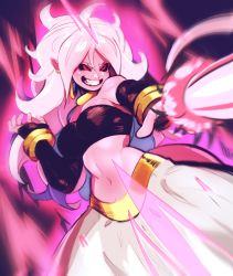Rule 34 | 1girl, android 21, bandeau, teeth, black sclera, breasts, colored sclera, colored skin, detached sleeves, dragon ball, dragon ball fighterz, earrings, energy blast, evil grin, evil smile, eymbee, grin, harem pants, highres, hoop earrings, jewelry, long hair, majin android 21, medium breasts, motion blur, navel, pants, pink hair, pink skin, pointy ears, red eyes, smile, solo