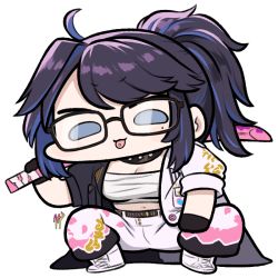 Rule 34 | 1girl, :3, :p, ahoge, bags under eyes, belt, black-framed eyewear, black collar, black hair, blue eyes, blue hair, bokken, chest sarashi, chibi, coat, collar, commentary, full body, glasses, indie virtual youtuber, jazz jack, kson, looking at viewer, mole, mole under eye, multicolored hair, navel, open clothes, open coat, pants, piercing, ponytail, sarashi, signature, simple background, smile, solo, souchou, squatting, streaked hair, sword, tongue, tongue out, tongue piercing, transparent background, two-tone hair, virtual youtuber, weapon, white background, wooden sword