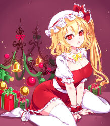 Rule 34 | 1girl, absurdres, adapted costume, back bow, bell, blonde hair, bow, breasts, christmas, christmas ornaments, cleavage, collared shirt, flandre scarlet, frilled shirt collar, frilled skirt, frilled sleeves, frills, garter straps, hat, hat ribbon, highres, holly, large breasts, medium hair, mob cap, neck ribbon, one side up, open mouth, pointy ears, puffy short sleeves, puffy sleeves, raptor7, red eyes, red ribbon, red skirt, ribbon, shirt, short sleeves, sitting, skirt, skirt set, slit pupils, socks, solo, thighhighs, touhou, white bow, white shirt, wrist cuffs, yellow ribbon, yokozuwari